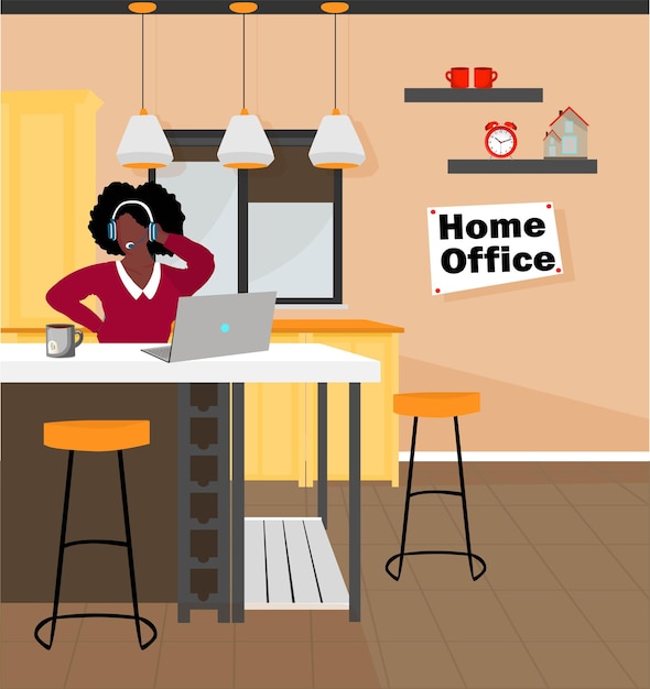 Vetor complexidade do trabalho remoto home office kitchen interier laptop na mesa da cozinha mulher trabalha em casa