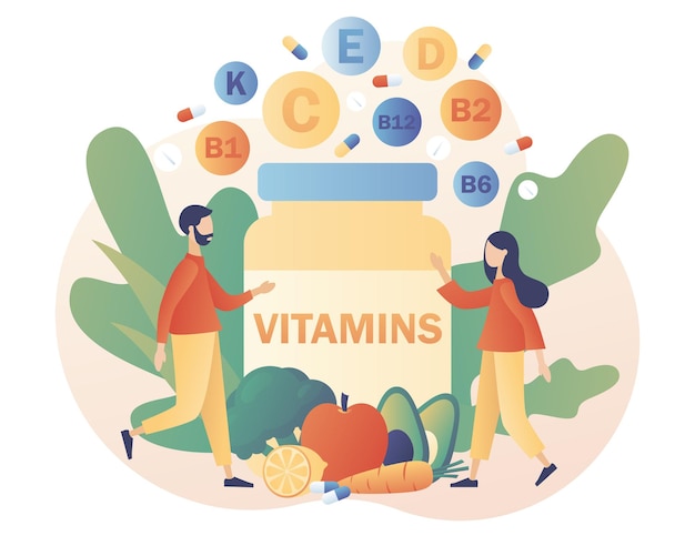 Vetor complexo de vitaminas estilo de vida saudável pessoas pequenas e frasco suplemento multivitamínico grupo de vitamina a