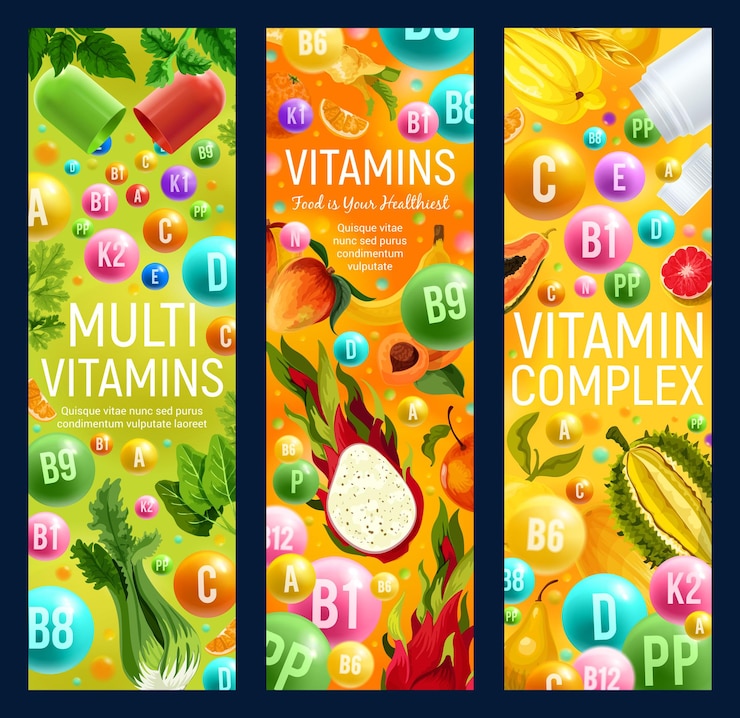 Vetor complexo multivitamínico em frutas e vegetais