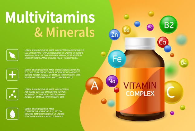 Vetor complexo vitamínico. garrafa de plástico realista com multivitaminas, minerais e bolhas voadores coloridas, bolas de vitaminas anunciando pôster vetor saúde farmácia fundo com espaço de cópia