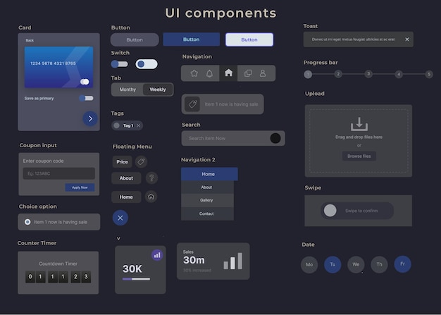 Componentes de interface do usuário da interface do usuário de design escuro