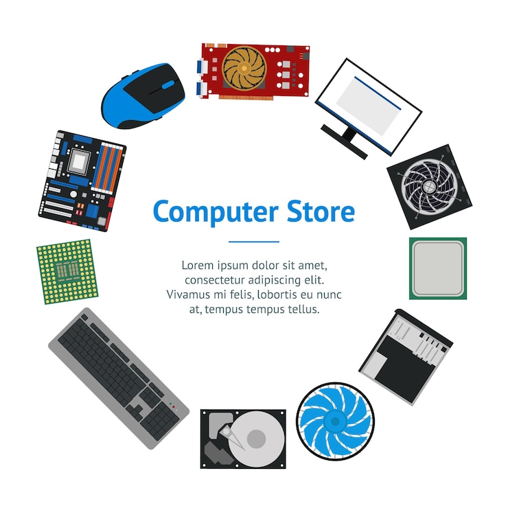 Vetor componentes de pc de desenhos animados para vetor de círculo de cartão de banner de loja de computadores