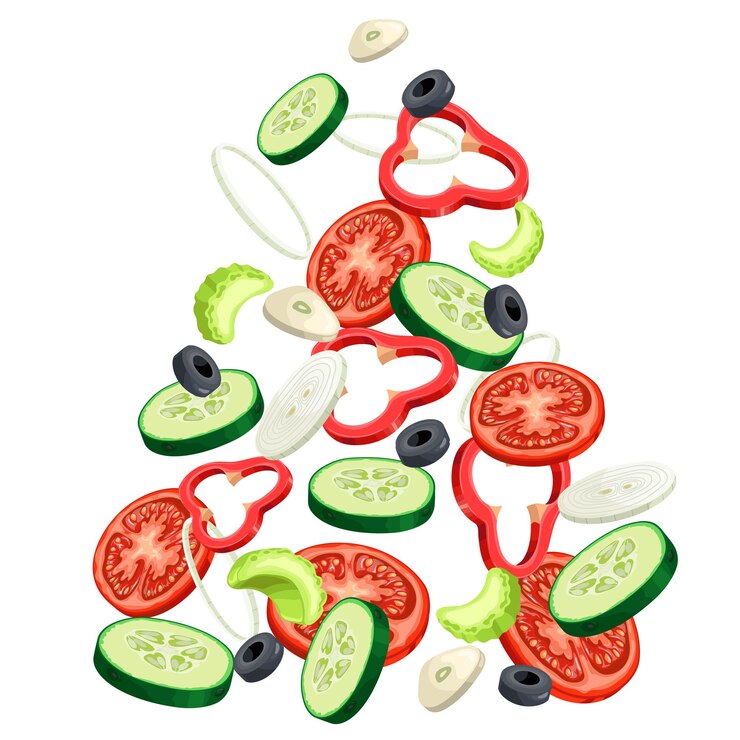 Vetor componentes de salada fatiada voadora legumes frescos cortados ingredientes de menu vegan ilustração em vetor de alimentos orgânicos