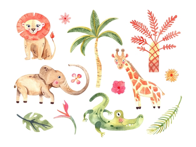 Composição aquarela com animais africanos e elementos naturais