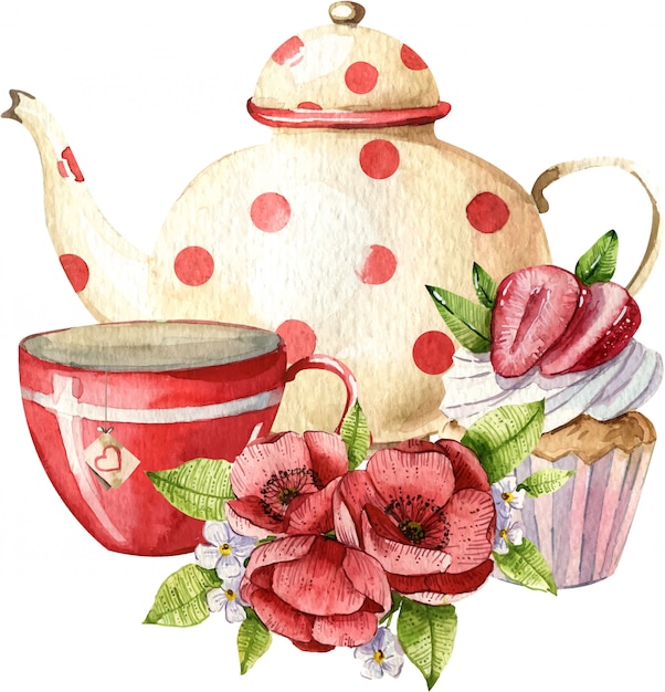 Composição aquarela com bule, xícara, bolo e flores. decoração aconchegante da cozinha. ilustração de pintados à mão. café da manhã inglês, estilo vintage