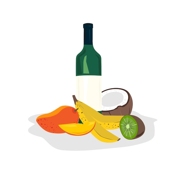 Composição brilhante de frutas diferentes com uma garrafa de vinho