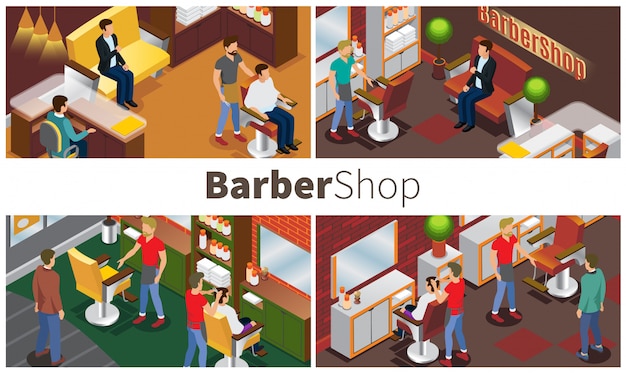 Composição colorida de barbearia moderna com elementos interiores de salão de cabeleireiros clientes e acessórios de barbeiro em estilo isométrico