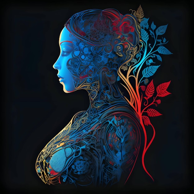 Vetor composição colorida de uma mulher-máquina em um fundo preto