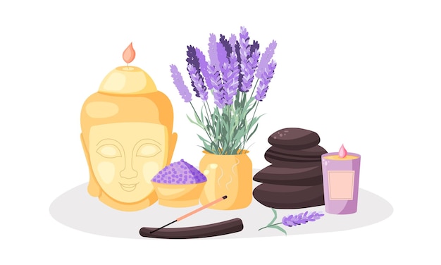 Vetor composição com acessórios de aromaterapia com óleos essenciais candle buddha pedras de sal e lavanda