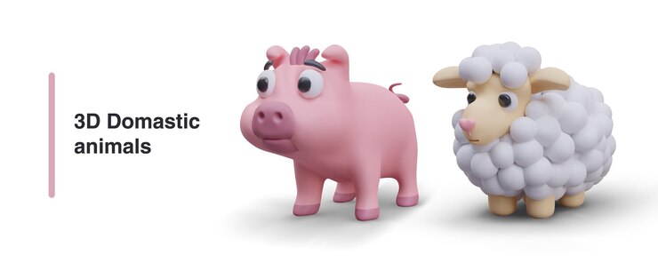 Vetor composição com animais domésticos ovelhas fofinhas realistas e porco rosa