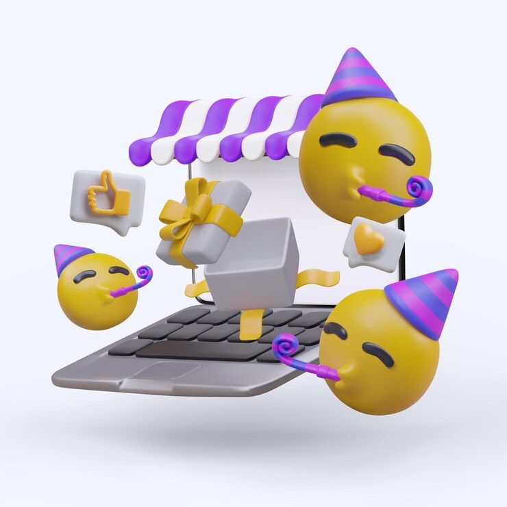 Vetor composição com caixa de presente aberta de laptop realista e emoticons amarelos voadores
