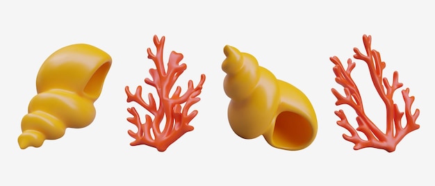 Vetor composição com concha amarela torcida e coral vermelho em diferentes posições