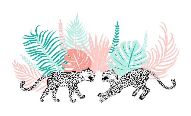 Composição com leopardos e folhas tropicais