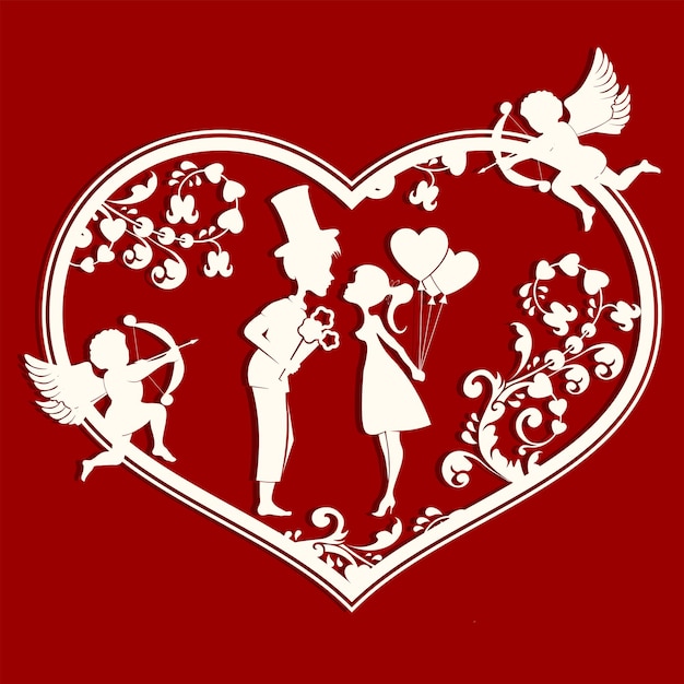 Vetor composição com uma silhueta de um coração uma princesa e um cara de joelhos elemento de design