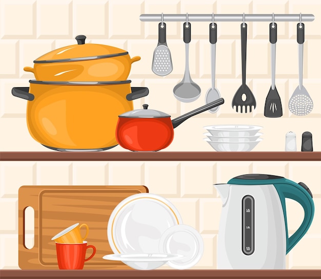 Composição da cozinha com vista frontal de equipamentos para cozinhar nas prateleiras com talheres