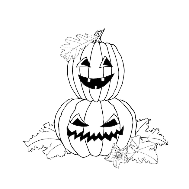 Composição de abóboras de halloween com folhas ilustração vetorial desenhada à mão para cartões de colorir