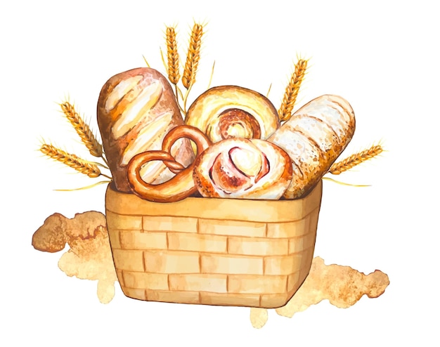 Composição de aquarela desenhada à mão com vários bolos e pão em uma cesta