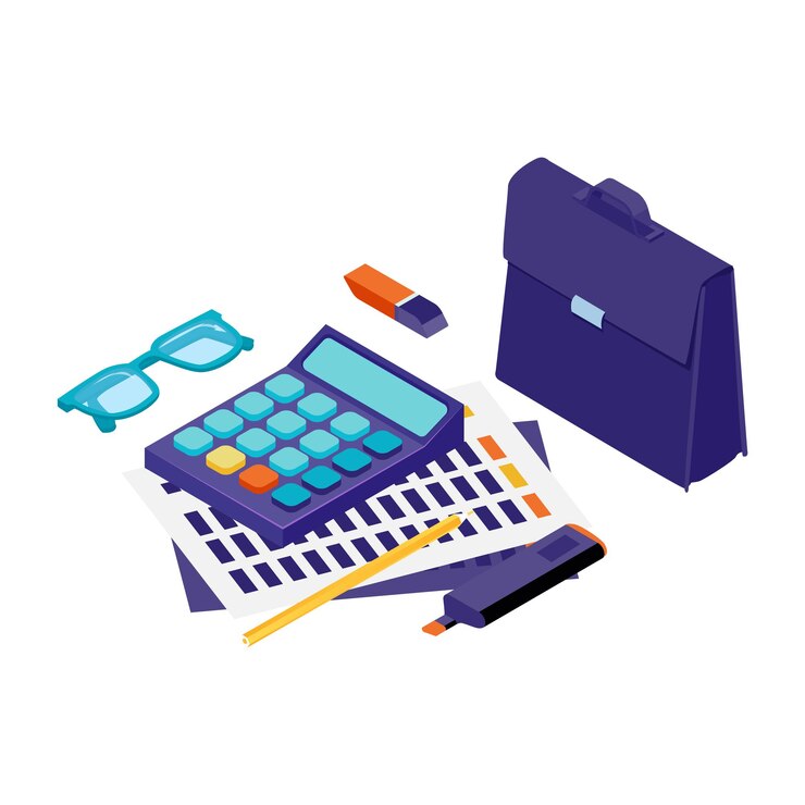 Vetor composição de auditoria financeira de contabilidade isométrica com calculadora de pilha de papéis e mala com óculos e ilustração vetorial de lápis