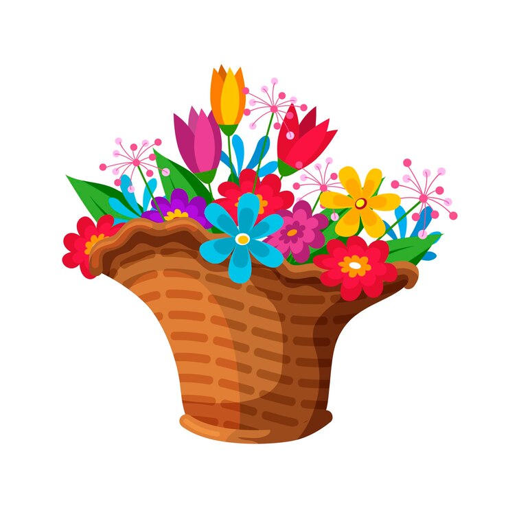 Vetor composição de buquê de flores coloridas de primavera florescendo em uma cesta de vime para venda
