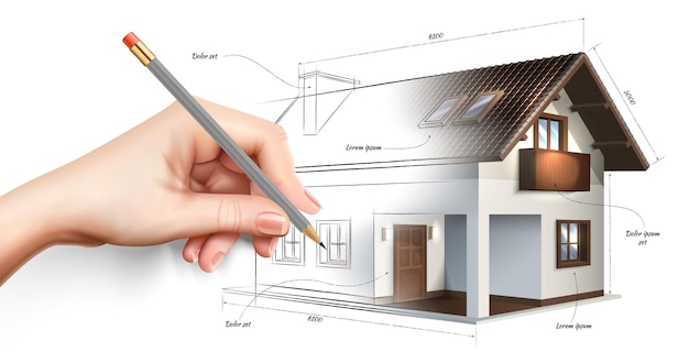 Composição de desenho de casa moderna realista com ilustração vetorial de símbolos de desenho à mão