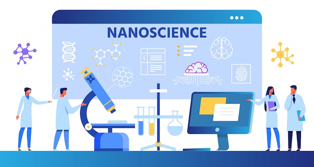 Composição de desenhos animados de nanociência com cientistas