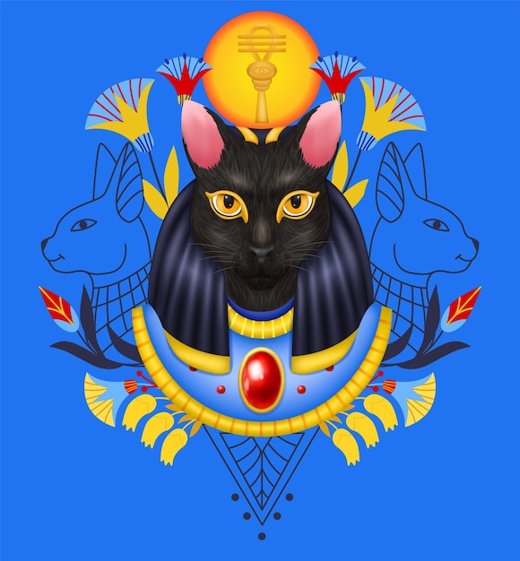 Vetor composição de deus egípcio bastet com máscara de colagem de imagem de avatar antigo com ilustração vetorial de cabeça de gato deusa decorada