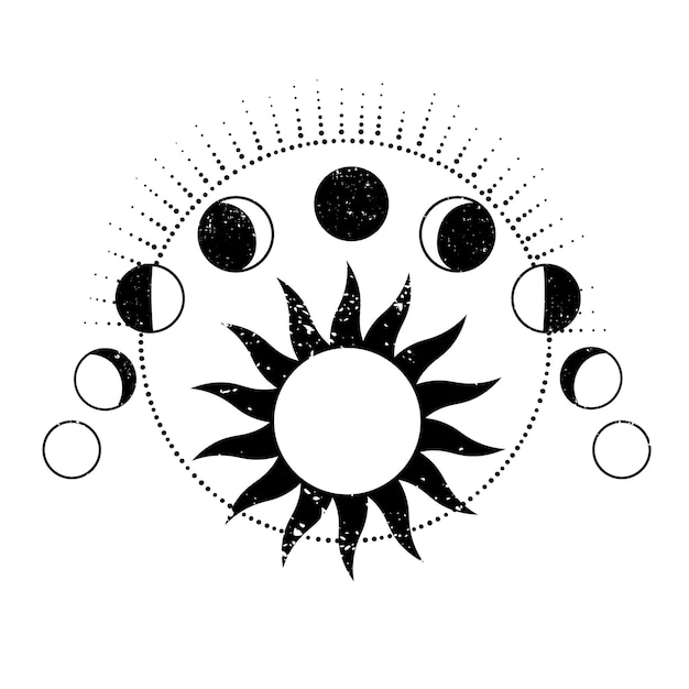 Vetor composição de diferentes fases da lua e sol brilhante