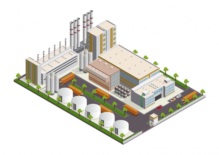 Composição de edifícios industriais isométrica com vista das instalações