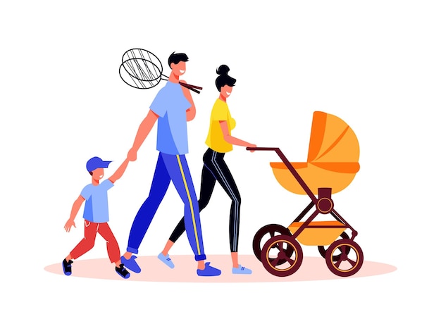 Composição de férias ativas em família com personagens de pais com raquetes de tênis infantis e carrinho de bebê