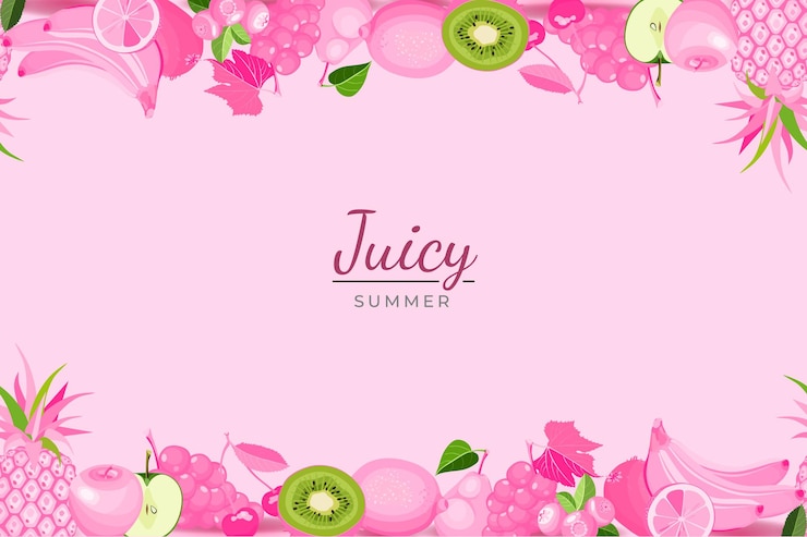 Vetor composição de frutas com ícones de desenhos animados de comida rosa fruta saudável. padrão moderno sem costura de listra horizontal nas cores rosa e verdes. ilustração vetorial