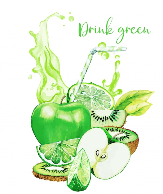 Composição de frutas verdes com respingo de suco verde