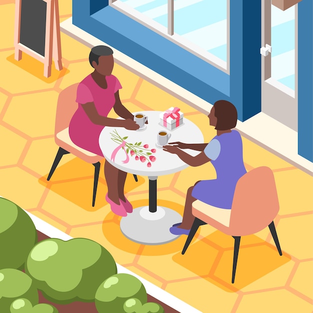 Composição de fundo isométrico do dia internacional da mulher com vista para um café ao ar livre com mulheres sentadas à mesa.