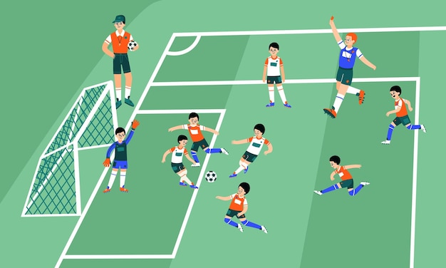 Composição de futebol de futebol a equipe juvenil joga futebol sob supervisão do treinador ilustração vetorial
