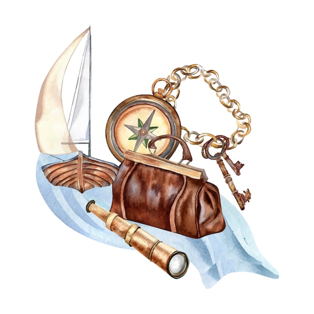 Composição de itens de aventura ilustração em aquarela estilo vintage isolado veleiro Compass