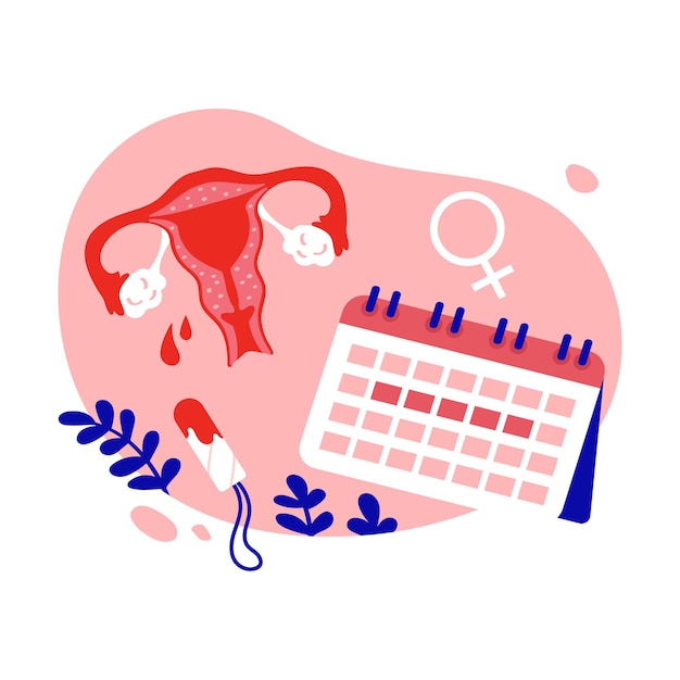 Vetor composição de menstruação com tampão de calendário e útero ilustração de vetor plano