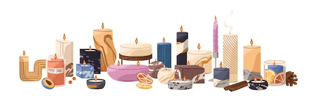 Composição de muitas velas perfumadas com diferentes formas Muitas velas de aroma com fogo ardente Decoração doméstica de moda Decoração interior aconchegante Ilustração vetorial isolada plana em branco