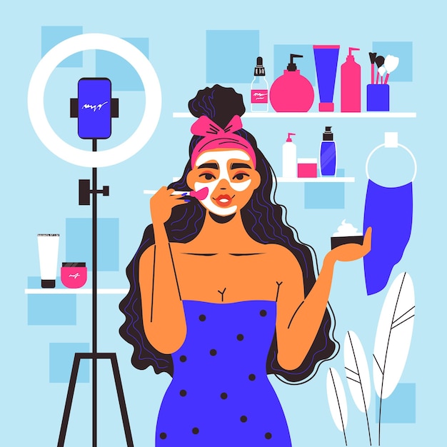 Vetor composição de mulher de cosmetologia com vista de espaço de maquiagem com cremes esfoliantes e personagem de vídeo-blogueira de beleza