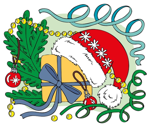 Vetor composição de natal, chapéu de papai noel, ramo de abeto com decorações e serpentina ilustração vetorial desenhada à mão feliz feriado