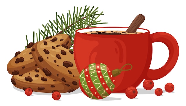 Vetor composição de natal com xícara de café, biscoitos de chocolate e decoração.