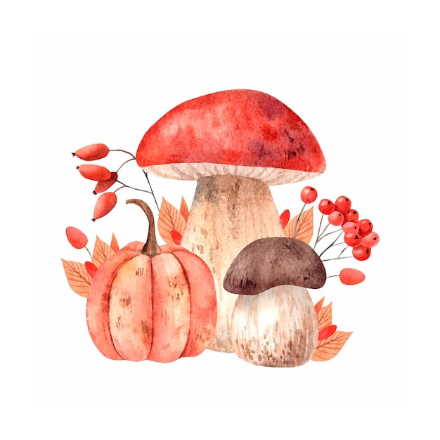 Composição de outono em aquarela com abóboras de cogumelos e folhas de outono