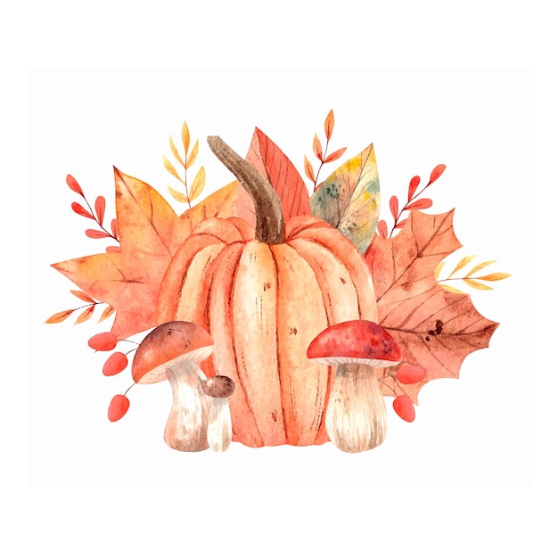Composição de outono em aquarela com abóboras de cogumelos e folhas de outono