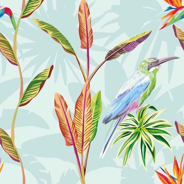 Composição de papel de parede padrão sem emenda de flores de folhas tropicais e pássaro verde menta