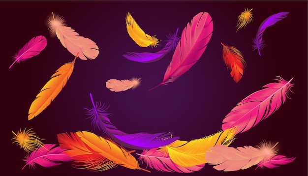 Composição de penas realistas com imagens de penas de pássaros coloridas neon caindo de diferentes formas e tamanhos ilustração do vetor