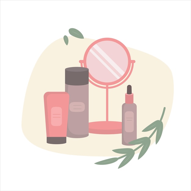 Composição de produto cosmético orgânico natural para cuidados com a pele e espelho Conjunto de rotina de cuidados com a pele Ilustração em vetor de desenho animado plano