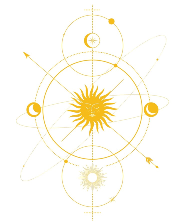 Vetor composição de símbolos esotéricos ocultos alquímicos e bruxos cartas com símbolo celestial do sol dourado