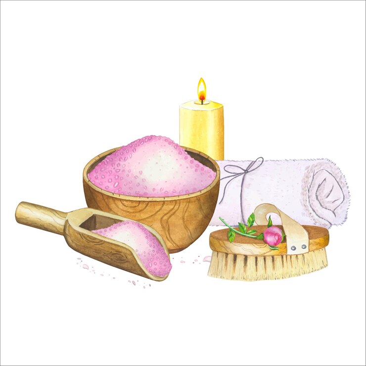 Vetor composição de spa com toalha cera argamassa com sal pincel rosa ilustração de aquarela desenhada à mão