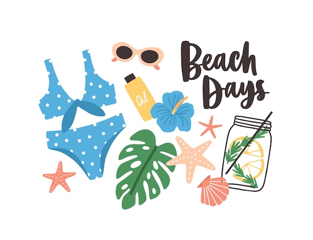 Composição de verão elegante com a frase beach days escrita à mão com a fonte caligráfica cursiva, maiô, folhas e flores tropicais, coquetel, óculos de sol