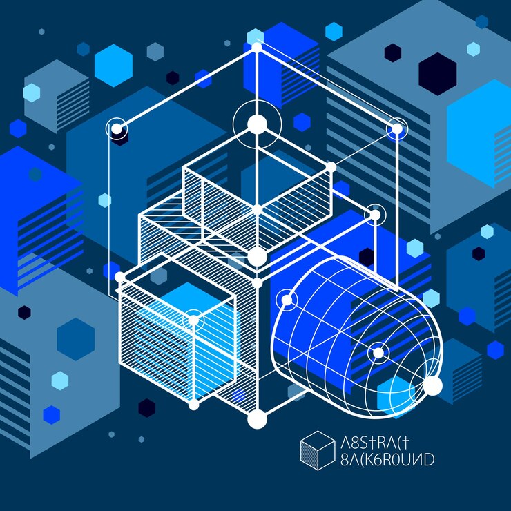 Vetor composição de vetor abstrato com figuras geométricas simples, símbolos, fundo azul escuro de arte. plano técnico, projeto abstrato de engenharia para uso em design gráfico e web.