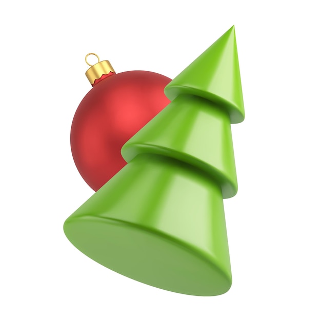Vetor composição decorativa de natal árvore de abeto verde brilhante e brinquedo de bola metálica vermelha 3d ícone vector