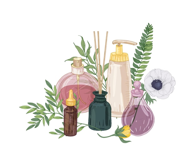 Composição decorativa realista com perfume e cosméticos em frascos de vidro, incensos e flores desabrochando em branco